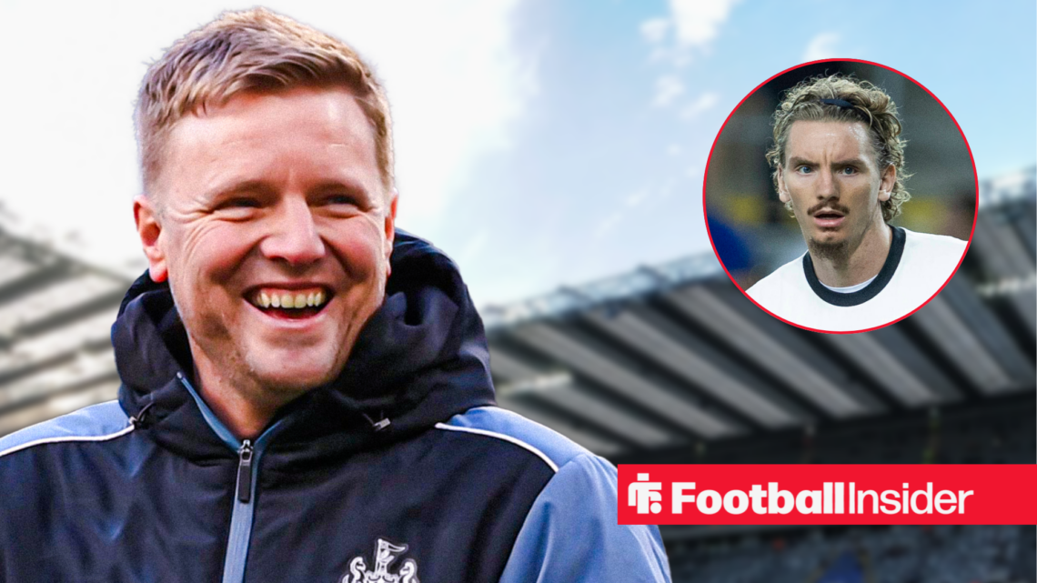 Newcastle United manager Eddie Howe against a back drop of St James' Park alongside striker Nick Woltemade