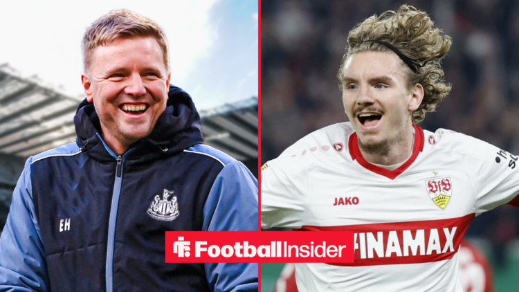Eddie Howe smiling at St James' Park alongside Nick Woltemade in a Stuttgart shirt