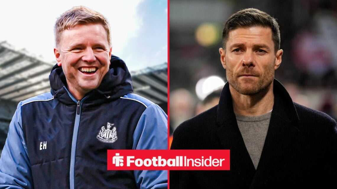 Eddie Howe smiling at St James' Park, with Xabi Alonso on the sidelines for Real Madrid