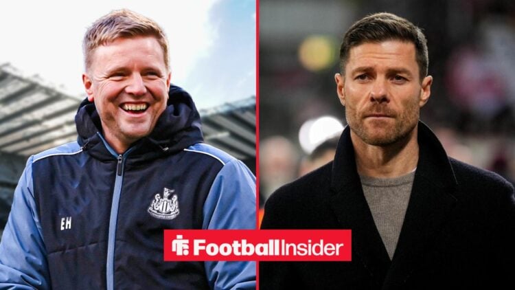 Eddie Howe smiling at St James' Park, with Xabi Alonso on the sidelines for Real Madrid