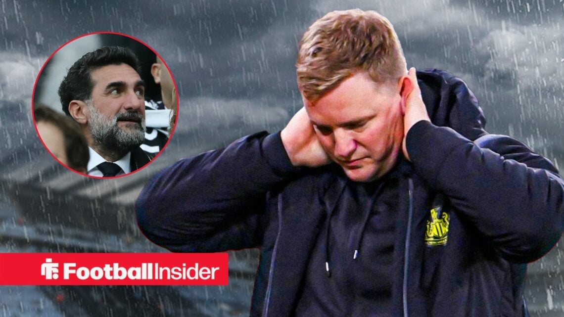 Newcastle boss Eddie Howe looking upset with co-owner Yasir Al-Rumayyan looking at him from stands left inset