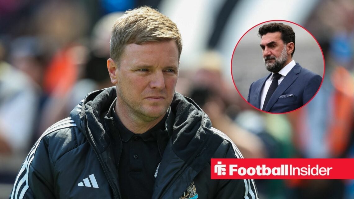 Eddie Howe in a Newcastle United training jacket with Yasir Al-Rumayyan included in a circular inset
