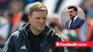 Eddie Howe in a Newcastle United training jacket with Yasir Al-Rumayyan included in a circular inset