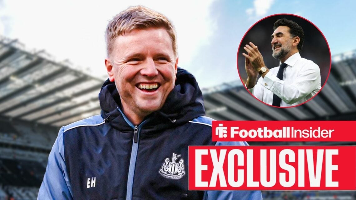 Eddie Howe smiling with Yasir Al-Rumayyan included in a circular inset