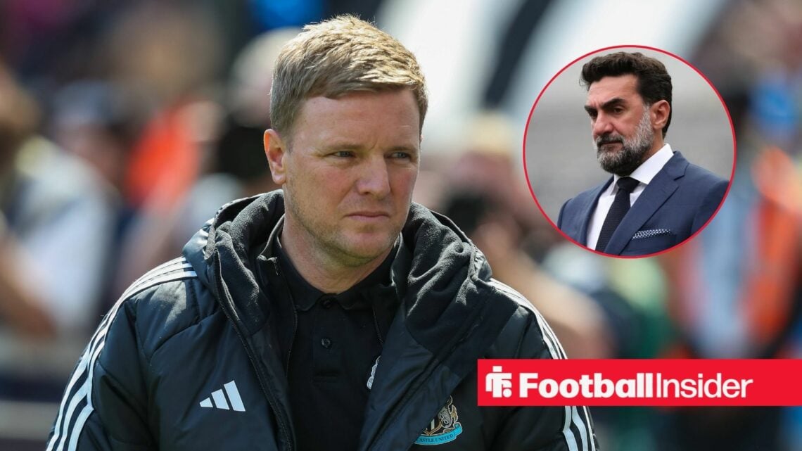 Eddie Howe looking concerned with Yasir Al-Rumayyan included in a circular inset