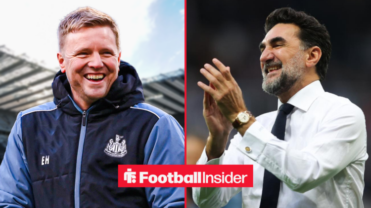 Eddie Howe smiling alongside Yasir Al-Rumayyan clapping