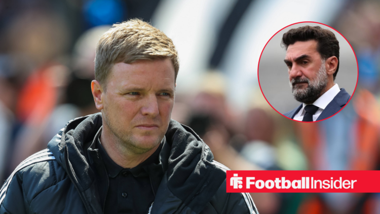 Eddie Howe looking angry on the left with Newcastle part owner Al-Rumayyan watching on on the right
