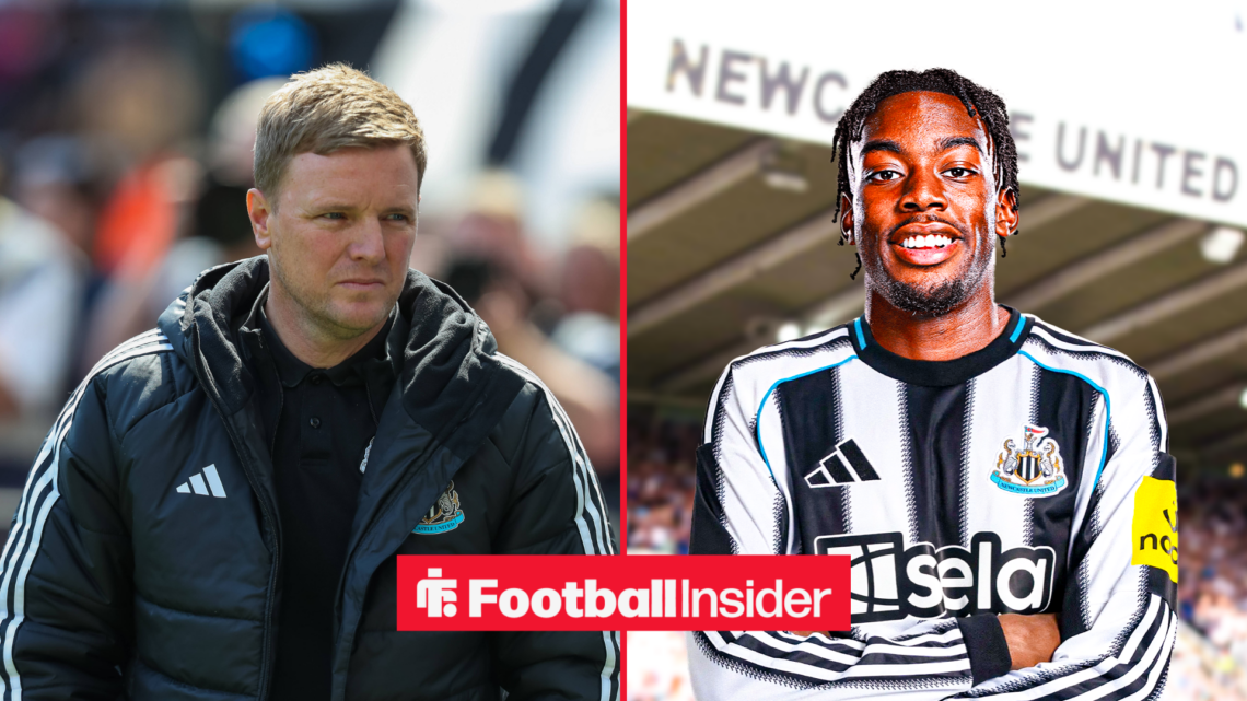 Eddie Howe in a black coat and Athiny Elanga in a white and black Newcastle kit