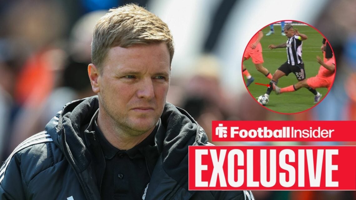 Eddie Howe looking annoyed on the left with Bruno Guimaraes being fouled in the top right above an exclusive banner