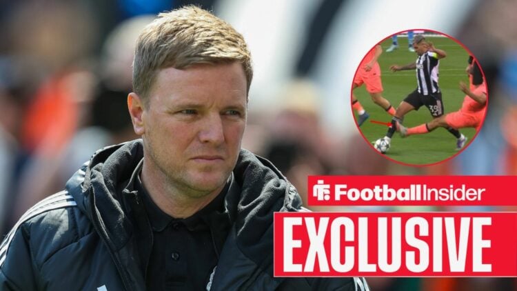 Eddie Howe looking annoyed on the left with Bruno Guimaraes being fouled in the top right above an exclusive banner