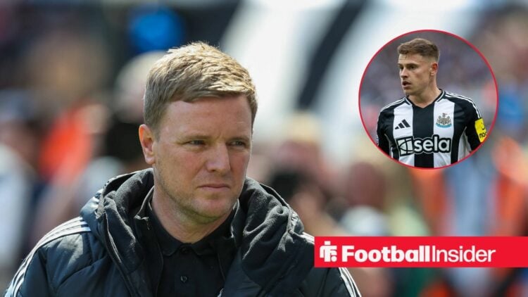 Eddie Howe in a black coat staring and Harvey Barnes in inset