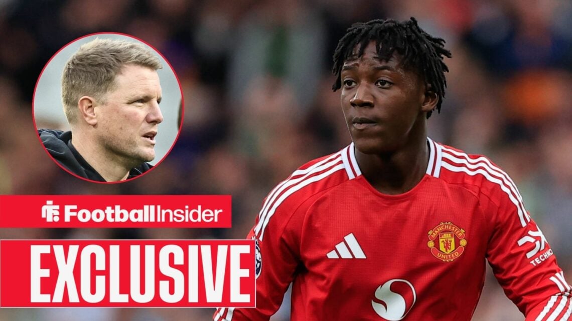Eddie Howe on the left talking above an EXCLUSIVE banner next to a focused Kobbie Mainoo on the right