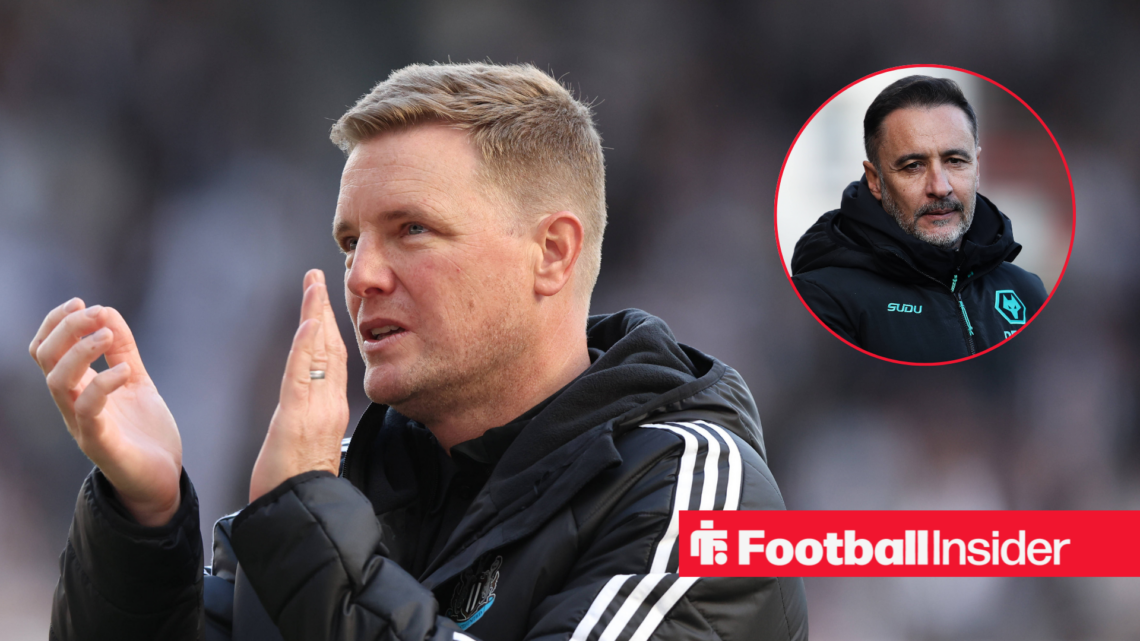 Eddie Howe in a black coat and Vitor Pereira in a black coat in a red circle