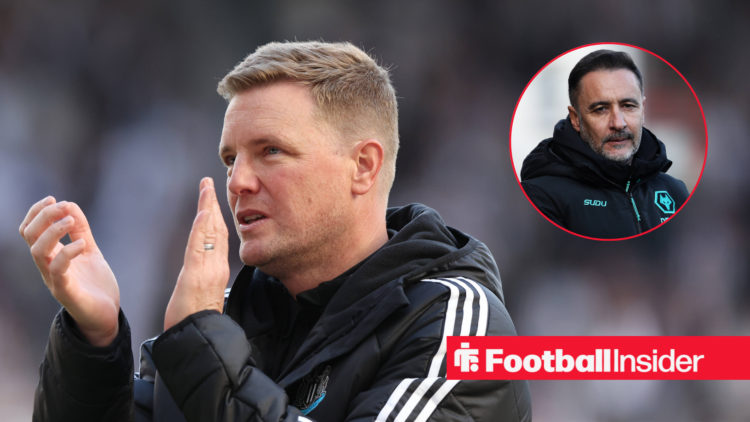 Eddie Howe in a black coat and Vitor Pereira in a black coat in a red circle