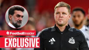 Yasir Al-Rumayyan stern on the left above an EXCLUSIVE banner with an upset Eddie Howe on the right