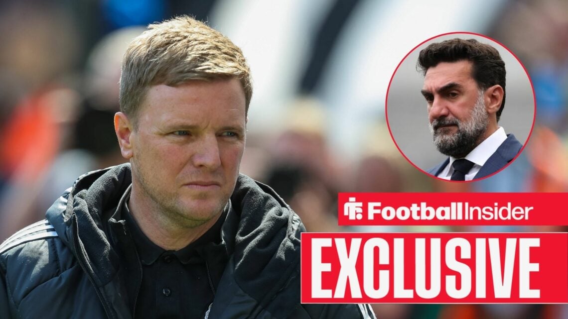 Yasir Al-Rumayyan on the right looking stern above an EXCLUSIVE banner with Eddie Howe looking concerned
