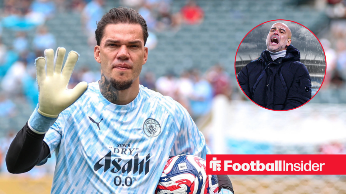 Ederson in Man City training gear next to Pep Guardiola looking concerned