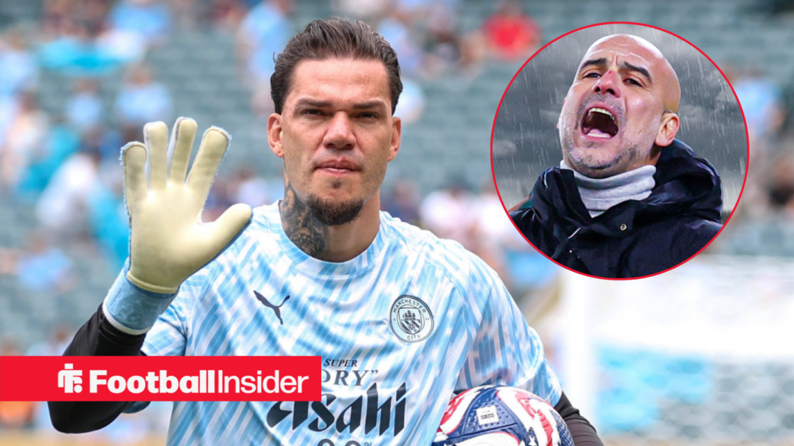 Ederson waving with Pep Guardiola included in a circular inset
