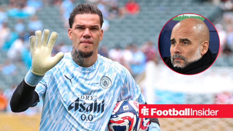 Ederson waving on the left holding a ball in a Man City shirt with Pep Guardiola looking unimpressed on the right