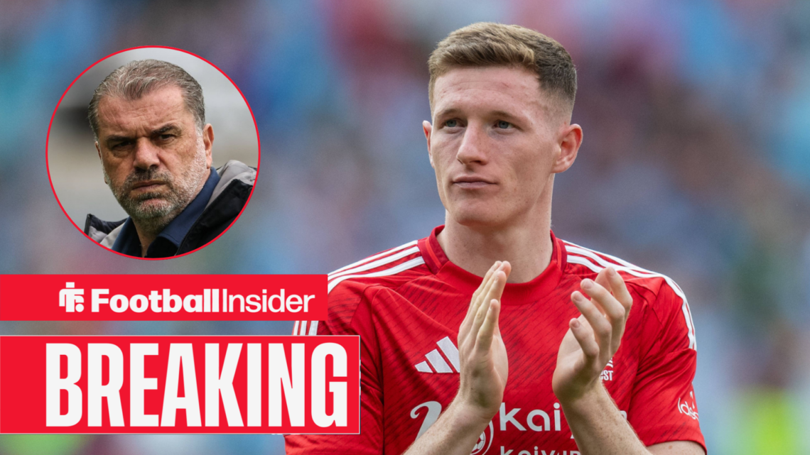 Elliot Anderson applauds at Nottingham Forest, with Ange Postecoglou in a circular inset