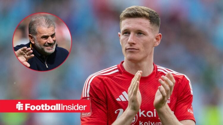 Elliot Anderson in action for Nottingham Forest, with Ange Postecoglou in a circular inset