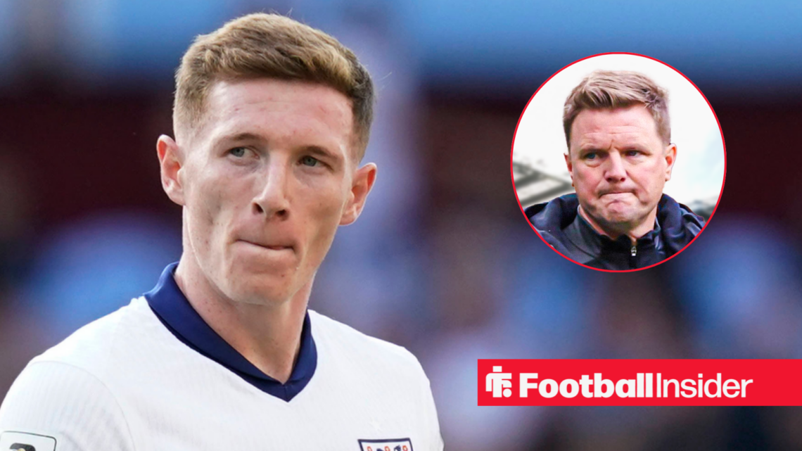 Elliot Anderson in action in an England shirt with Newcastle boss Eddie Howe looking at him concerned right inset