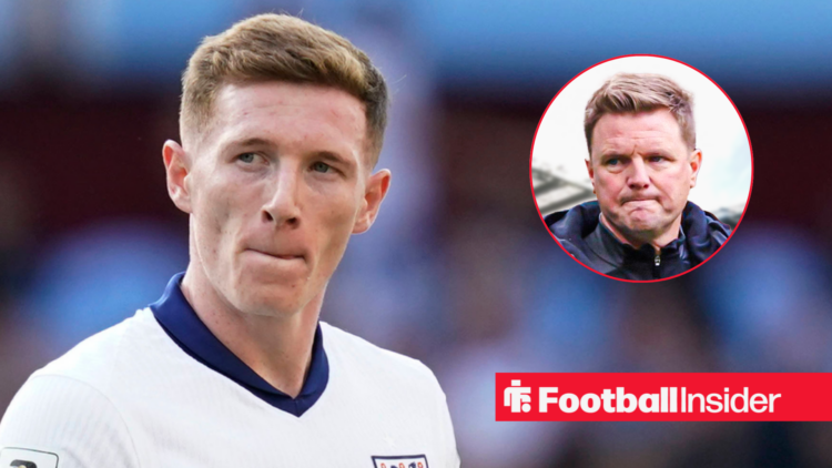 Elliot Anderson in action in an England shirt with Newcastle boss Eddie Howe looking at him concerned right inset