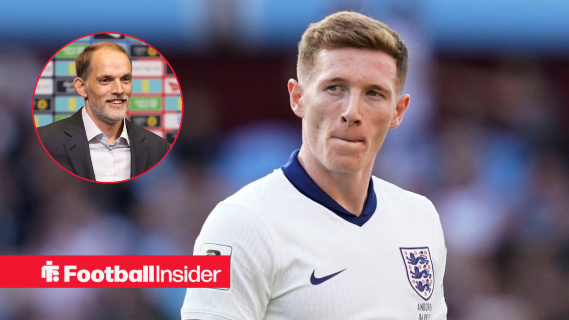 Elliot Anderson in action for England with Thomas Tuchel in a circular inset