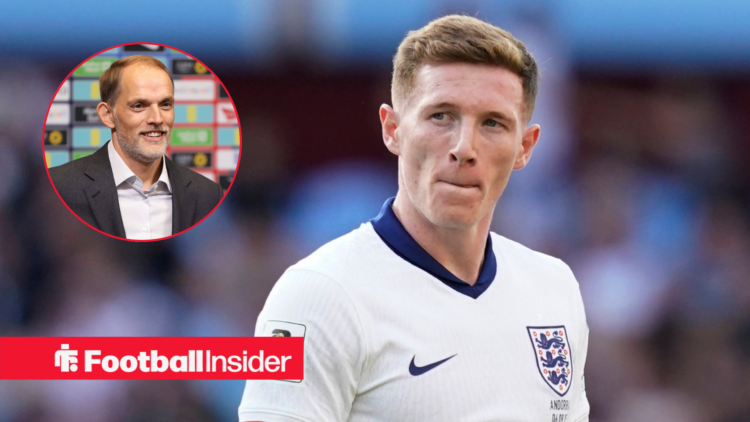 Elliot Anderson in action for England with Thomas Tuchel in a circular inset
