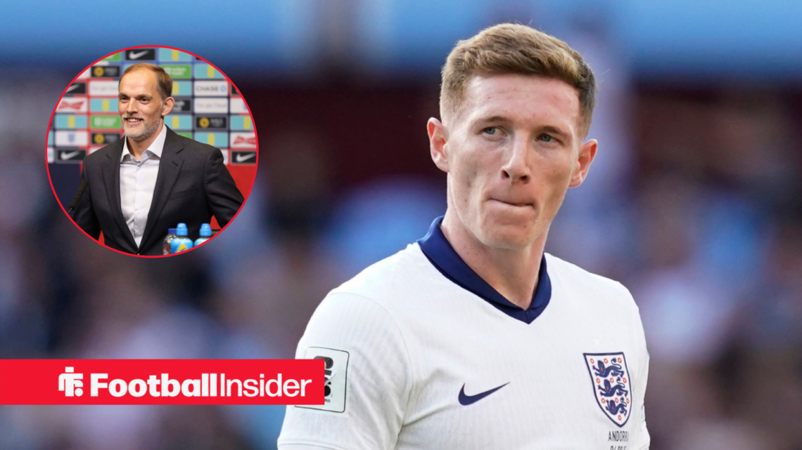 Elliot Anderson in a whote England kit and Thomas Tuchel in a black suit in a red circle