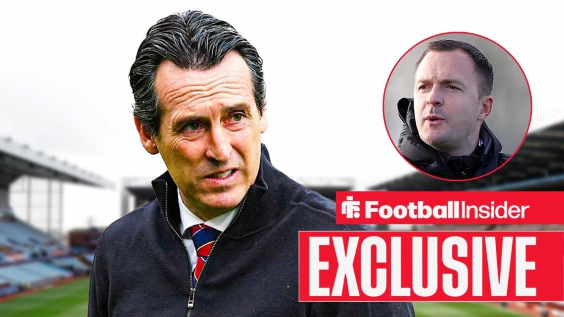 Unai Emery looking at Chris Davies in a circular inset
