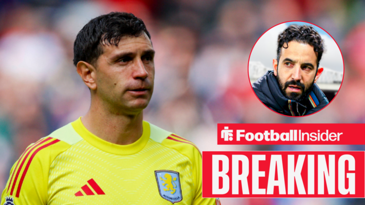 Emiliano Martinez looks upset at Aston Villa, with Ruben Amorim in a circular inset