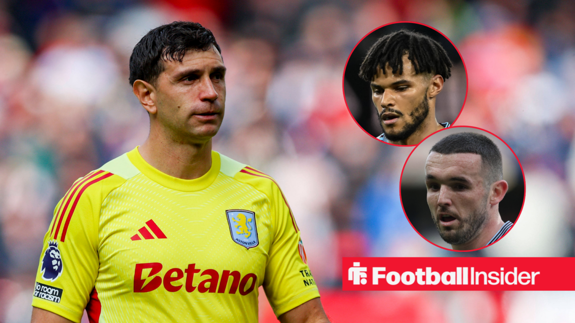 Emi Martinez on the left looking serious with both Tyrone Mings and John McGinn on the right looking focused