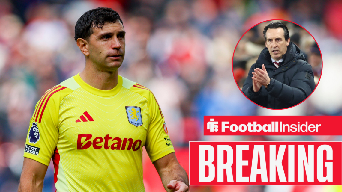 Emi Martinez walking across the pitch, Unai Emery in a circular inset