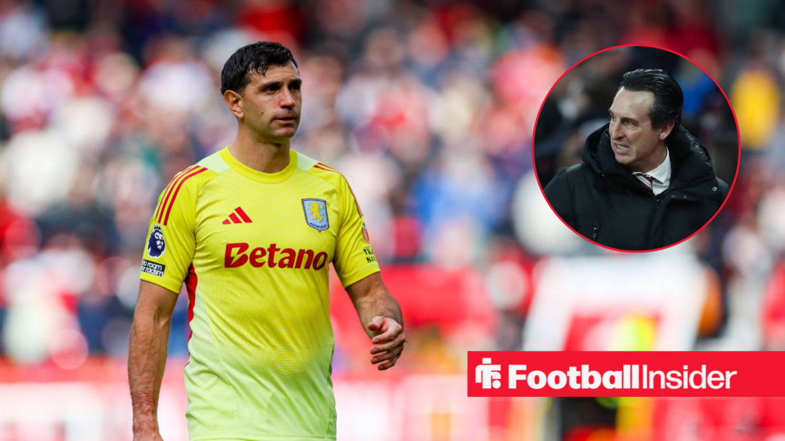 Emi Martinez in an Aston Villa goalkeeper shirt next to an image of Unai Emery