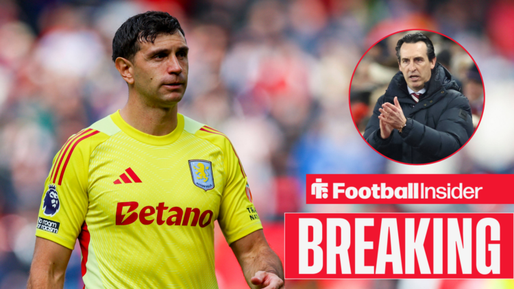 Emi Martinez walking across the pitch, Unai Emery in a circular inset