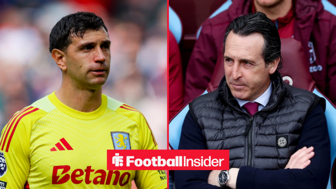 Emiliano Martinez in action for Aston Villa with Unai Emery sat in the dugout