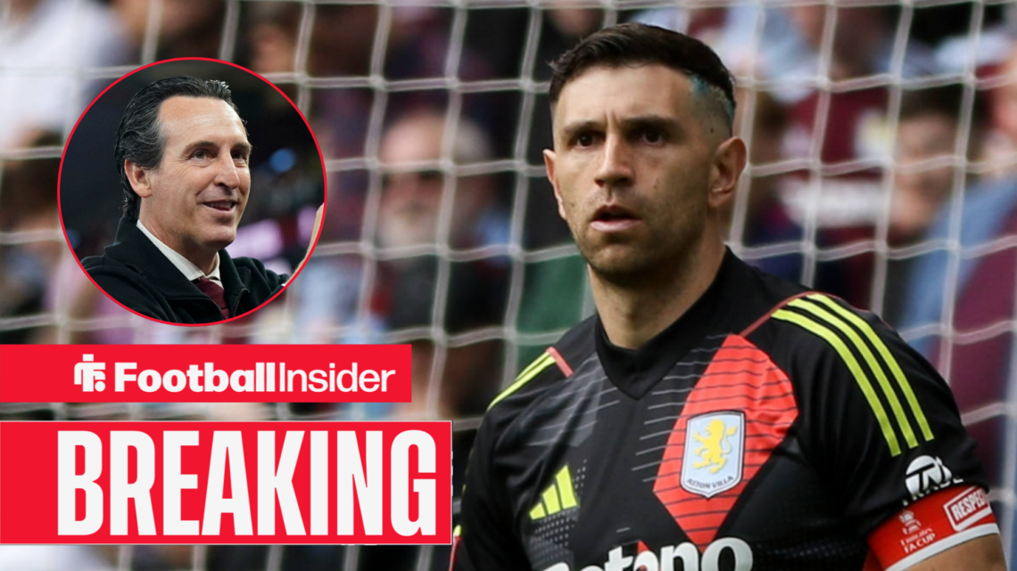 Emiliano Martinez in goal for Aston Villa, with Unai Emery in a circular inset