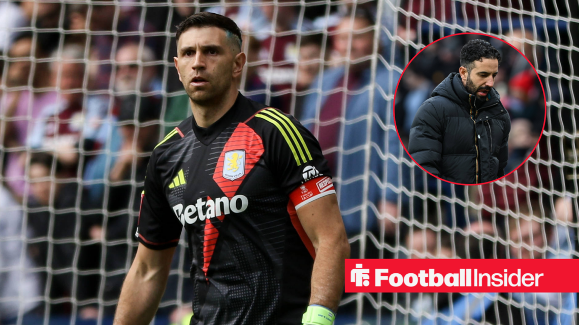 Emiliano Martinez in a black Aston Villa kit and Ruben Amorim in a black coat