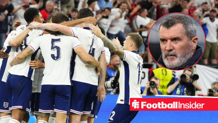 England squad celebrate a goal alongside a circular inset of Roy Keane