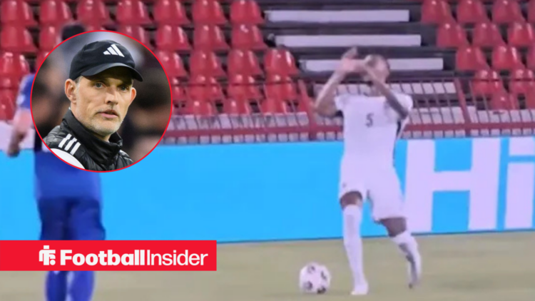 Ezri Konsa had a laser shone in his eyes v Serbia, with Thomas Tuchel in a circular inset