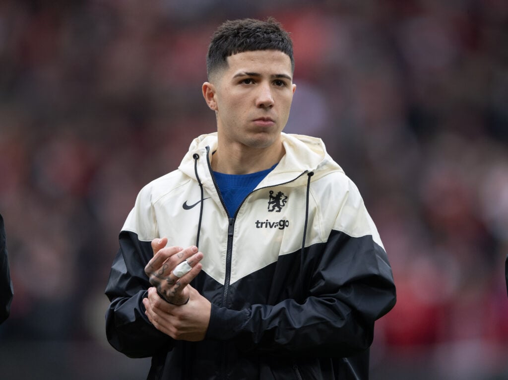Enzo Fernandez warming up for Chelsea at Anfield.
