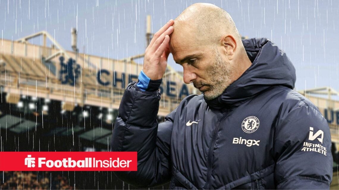 Chelsea manager Enzo Maresca with hand on head against a backdrop of Stamford Bridge