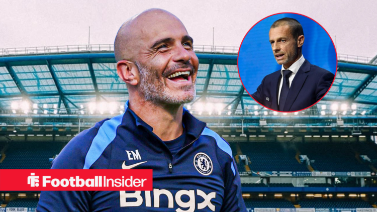 Enzo Maresca smiling on the Stamford Bridge touchline with Aleksander Ceferin included in a circular inset