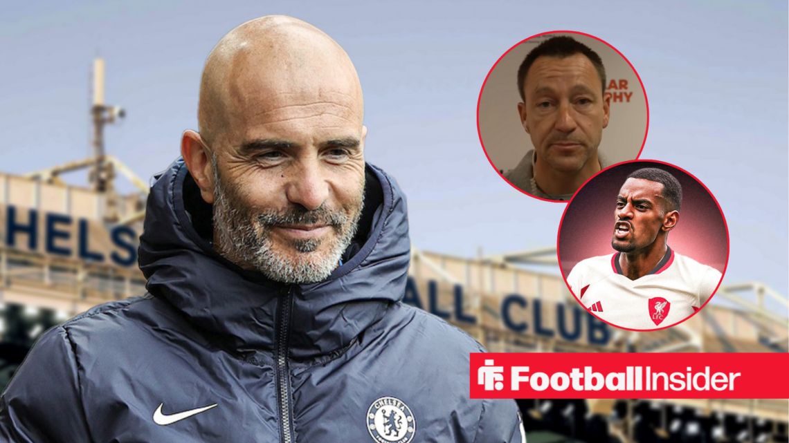 Enzo Maresca smiling at Stamford Bridge, John Terry and Alexander Isak in circular insets