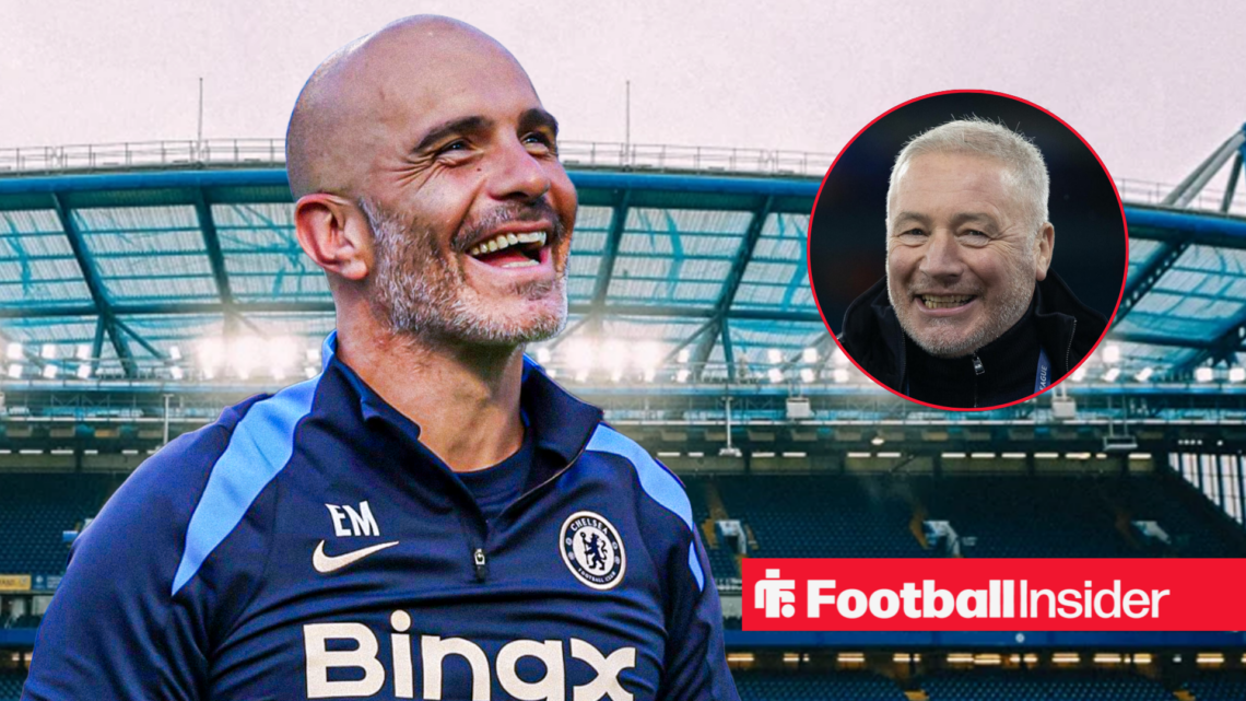 Chelsea manager Enzo Maresca laughing at Stamford Bridge with pundit Ally McCoist looking happy right inset