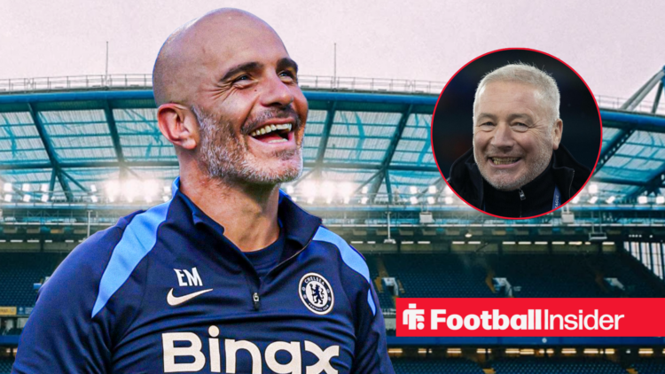Chelsea manager Enzo Maresca laughing at Stamford Bridge with pundit Ally McCoist looking happy right inset