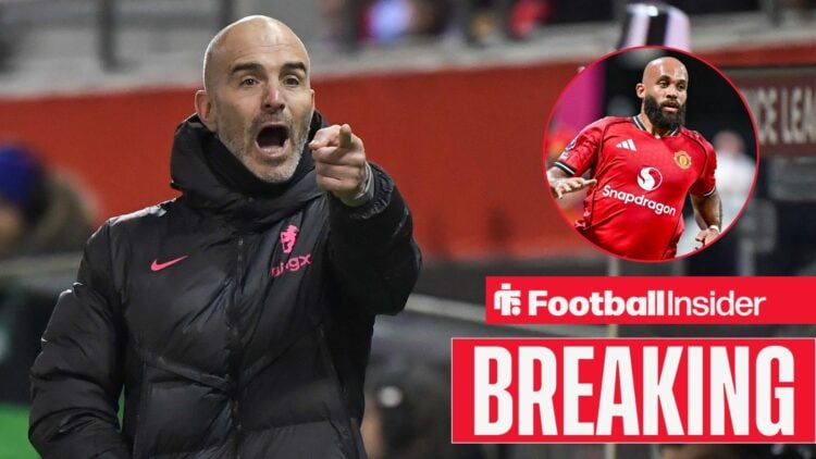 Enzo Maresca shouting on the sidelines, Bryan Mbeumo in a circular inset