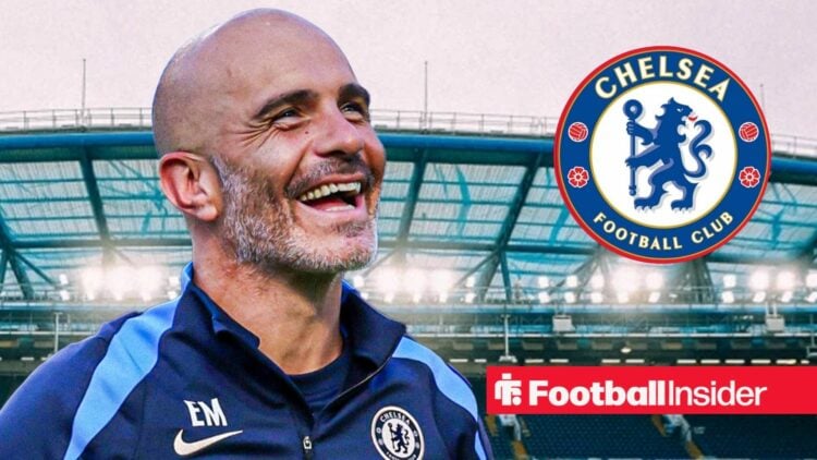 Enzo Maresca smiling with Chelsea badge inset
