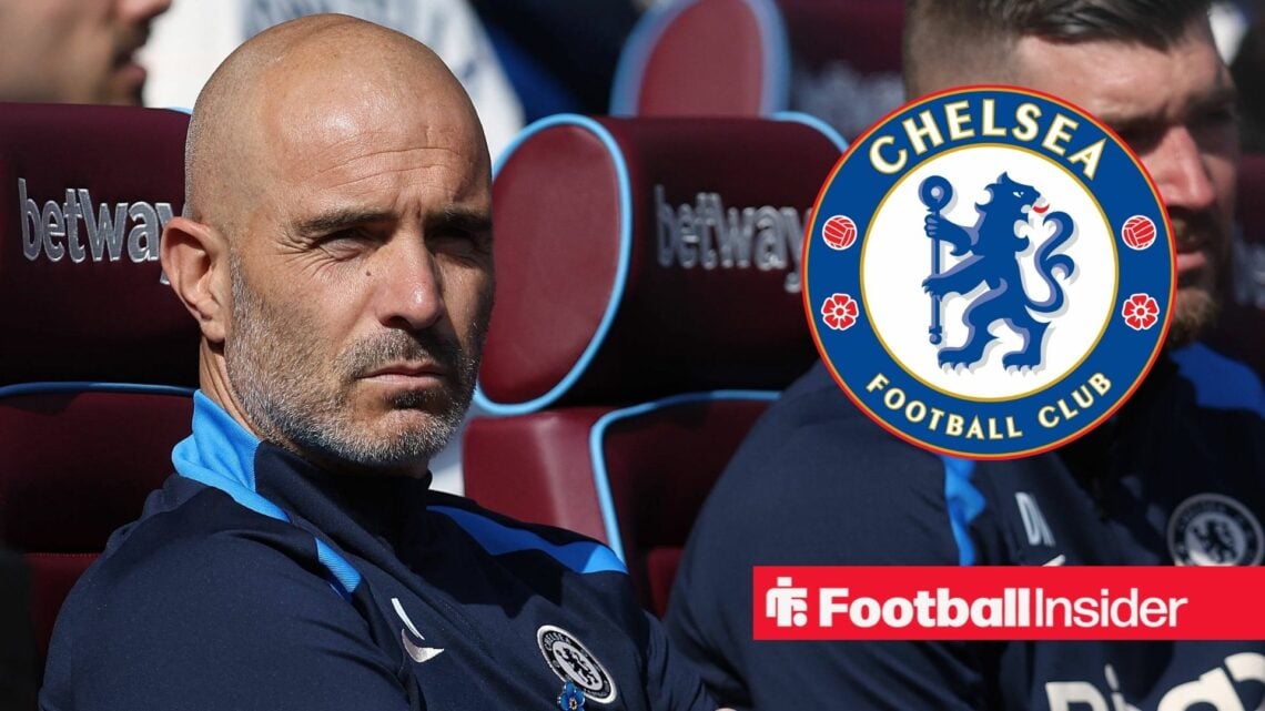 Enzo Maresca sitting in the dugout, Chelsea badge in a circular inset